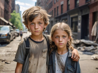 Dos niños pobres en la calle  vestido con ropa vieja - obrazy, fototapety, plakaty