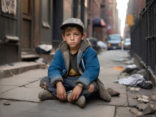 Ni&ntilde;o pobre sentado en la calle vestido con ropa vieja
