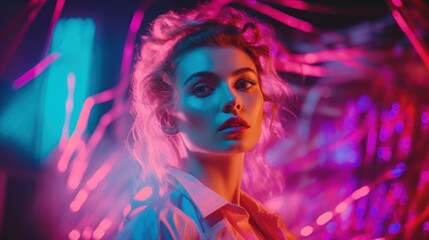 Close-up candid portrait photo of a fashion influencer posing with avant-garde style, vibrant neon colors.