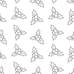 Seamless vector monochrome pattern with holly Christmas flower. Outline vector plant isolated on white