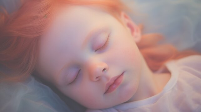 Close-up candid portrait photo of a baby sleeping peacefully, soft pastel tones