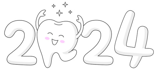 Cartoon tooth character with 2024 New Year sign. Illustration for New Year celebration.