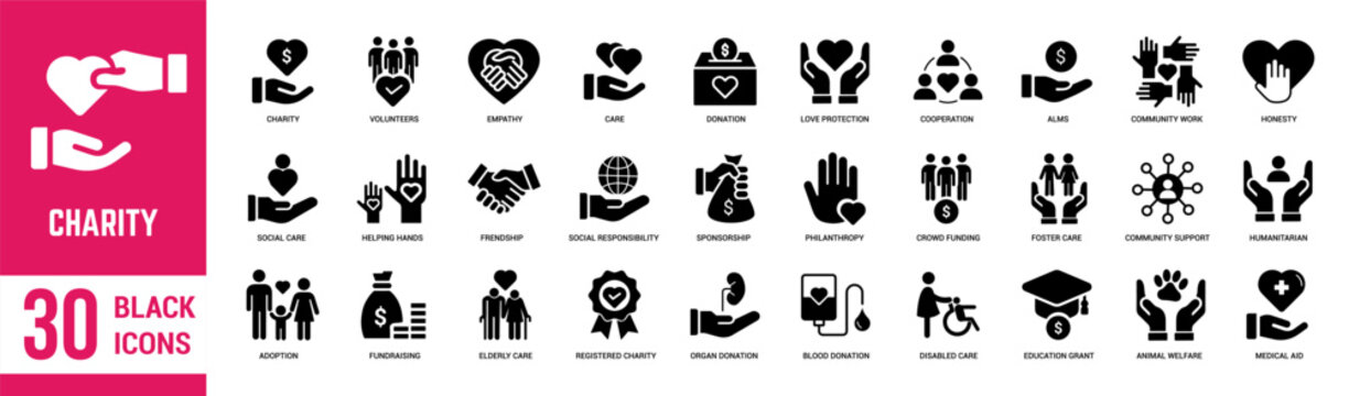 Charity solid black icons set. Charity, volunteers, empathy, donation, care, cooperation, honesty, social care, help, friendship and fundraising. Vector illustration