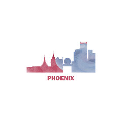 Phoenix city US watercolor cityscape skyline panorama vector flat modern logo icon. USA, Arizona state of America emblem with landmarks and building silhouettes. Isolated graphic