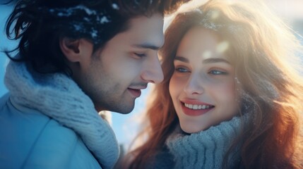 Obraz premium Close-up portrait photo of a young couple having intimate moments in the snow