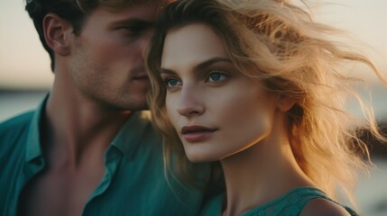 Close-up candid portrait photo of a young couple walking on the beach