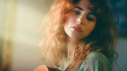 Close-up candid portrait photo of a young woman playing the guitar
