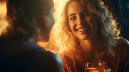 Close-up candid portrait photo of friends sharing a laugh over drinks