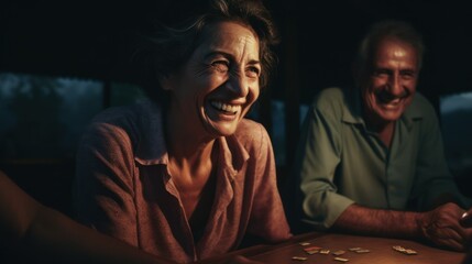 Close-up candid portrait photo of relatives playing games long after dark