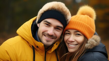 Fototapeta premium a young couple laughing, walking in the park on an autumn day
