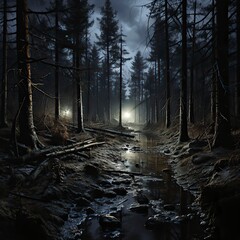 A winter forest at night with moonlight filtering through ,Winter Graphics, Winter Graphics image idea, Illustration