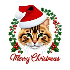 Fototapeta na wymiar The Cute Cat With Christmas Hat On Isolated Plain White Background