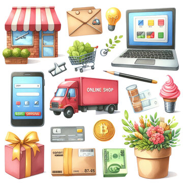 Watercolor Online shop icon set. Basket, delivery, gift, promotion, payment, card, bonus, discounts