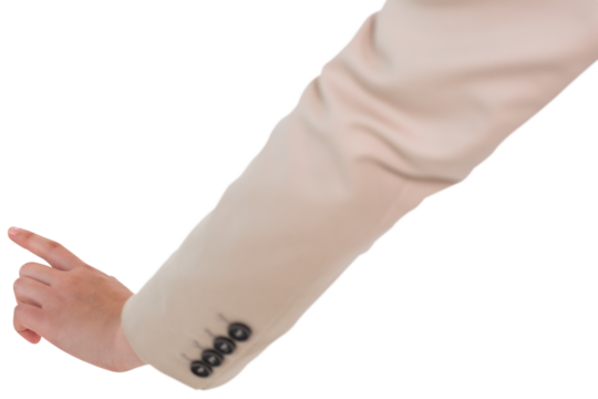 Digital png photo of hand of asian businesswoman touching virtual screen on transparent background