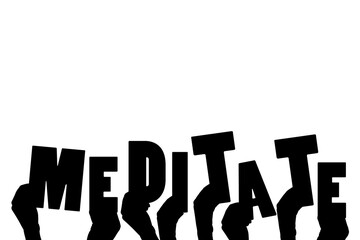 Digital png illustration of hands with meditate text on transparent background