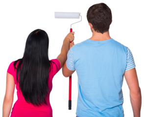 Digital png photo of diverse couple holding paint roller on transparent background