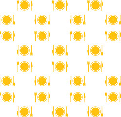 Digital png illustration of yellow plate, fork and knife pattern on transparent background