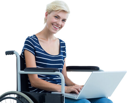 Digital png photo of caucasian woman sitting in wheelchair using laptop on transparent background