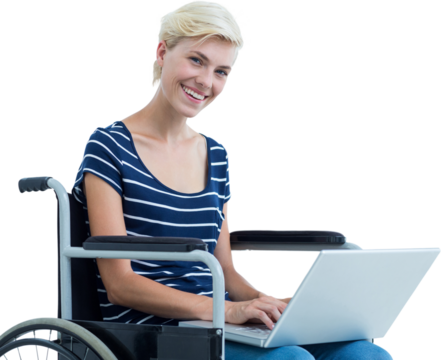 Digital png photo of caucasian woman sitting in wheelchair using laptop on transparent background - Powered by Adobe