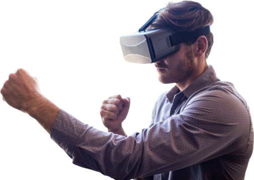 Digital png photo of caucasian businessman using vr headset on transparent background