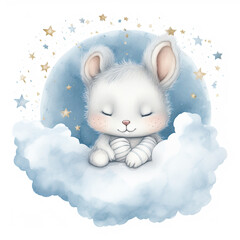 Cute baby teddy rabbit sleeping on the cloud painted Illustration, Generative Ai