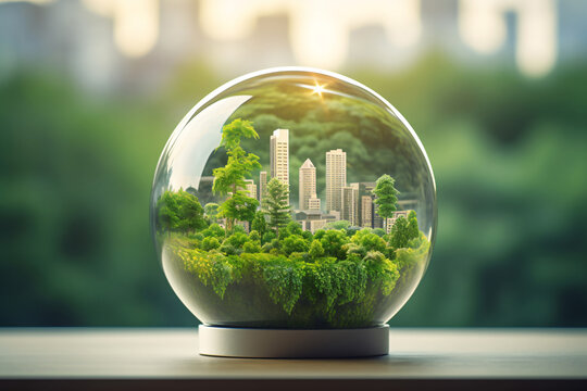 City Garden in Round Glass Cover. Save the Planet and Energy Concept