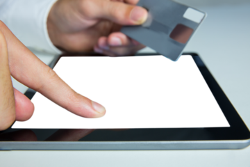 Digital png illustration of hands using tablet with copy space on transparent background