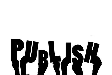 Digital png illustration of hands with publish text on transparent background