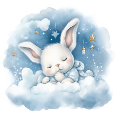 Cute baby teddy rabbit sleeping on the cloud painted Illustration, Generative Ai