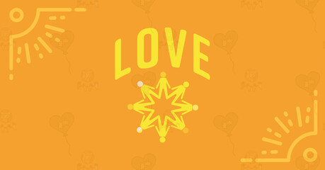 Digital png illustration of love text with orange shapes on transparent background