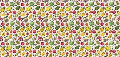 Vector seamless pattern with leopard,  Vector Seamless pattern with tropical exotic fruits sketch vector illustration isolated, 