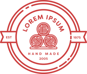 Digital png illustration of red badge with barrels and lorem ipsum text on transparent background