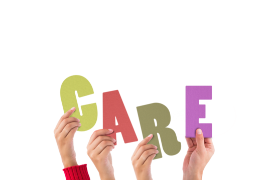 Digital png illustration of hands and care text on transparent background