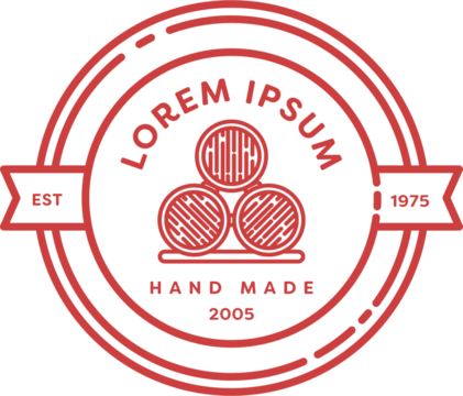 Digital png illustration of red badge with barrels and lorem ipsum text on transparent background - Powered by Adobe