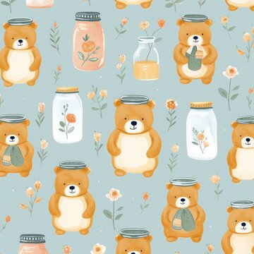 Adorable and pretty bear cub pattern with flowers and leaves on a pastel background.