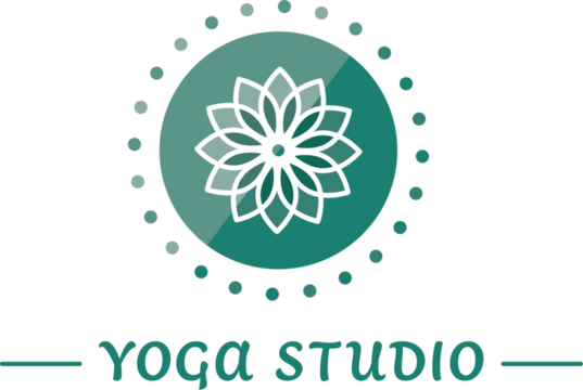 Digital png illustration of green rosette and yoga studio text on transparent background - Powered by Adobe