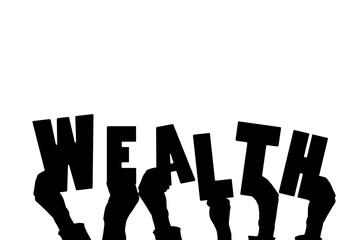 Digital png illustration of hands and wealth text on transparent background