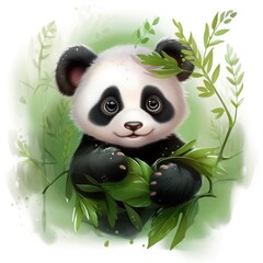 Illustration of cute panda with bamboo leaves around