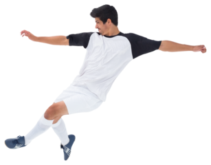 Digital png photo of focused latino football player kicking on transparent background