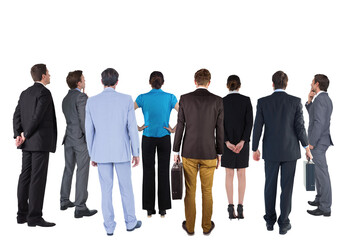 Digital png photo of back view of diverse group of businessmen standing on transparent background - obrazy, fototapety, plakaty