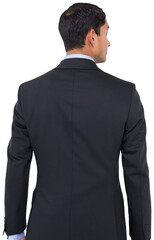 Digital png photo of serious biracial businessman looking right on transparent background