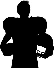 Digital png silhouette of american rugby player with helmet and ball on transparent background