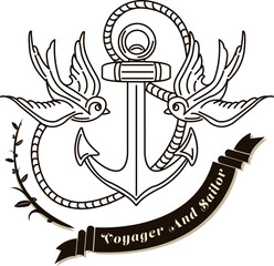 Digital png illustration of voyager and sailor text, birds and anchor on transparent background