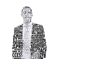 Digital png illustration of man's silhouette made of words on transparent background