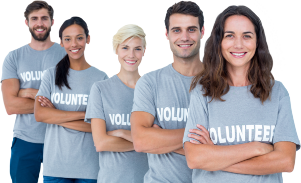 Digital png photo of happy diverse male and female volunteers smiling on transparent background