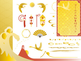 ゴールドと赤のおしゃれな和のめでたいイラスト・アイコン素材セット - obrazy, fototapety, plakaty
