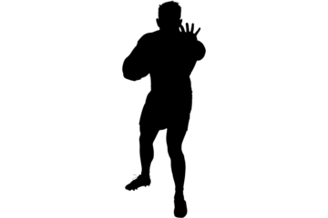 Digital png silhouette of male football player raising hand on transparent background