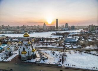 Winter Yekaterinburg and Temple on Blood in beautiful blue clear sunset. Aerial view of...