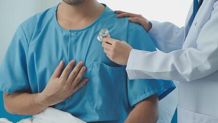close up doctor, Asian doctor talk with old female patient about disease symptom, doctor use stethoscope listening lung of patient, elderly health check up, happiness hospital