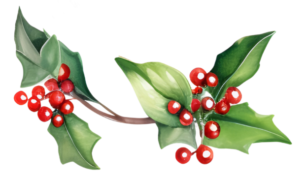 Holly berries watercolor winter botanical leaf branch for chrismast